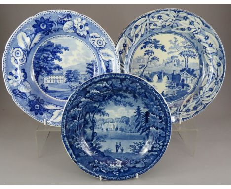 A group of four three nineteenth century blue and white transfer-printed plates, c. 1825. To include: an Enoch Wood Lanercost
