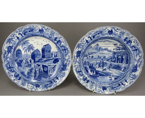 An early nineteenth century blue and white transfer-printed Spode Caramanian series dinner plate and soup dish, c. 1810. They