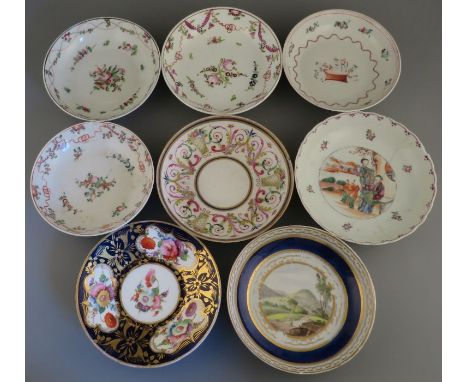 A group of late eighteenth, early nineteenth porcelain hand-painted saucers, c. 1780-1820. To include Derby, Newhall, Coalpor