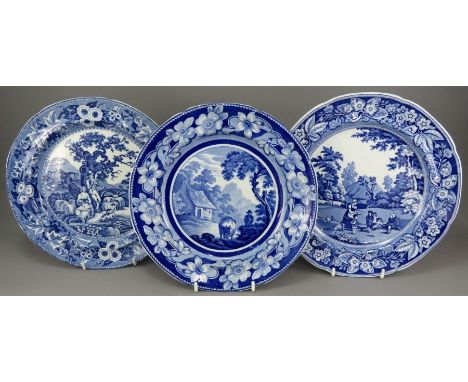 A group of three early nineteenth century blue and white transfer-printed dinner plates, c. 1825. To include: a Ridgway Cowma