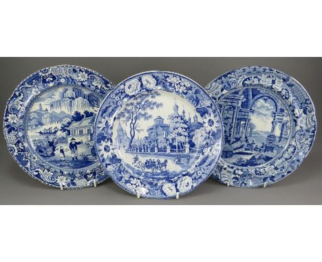A group of early nineteenth century blue and white transfer-printed plates, c. 1825. To include: a Pashkov Palace plate, a Ch
