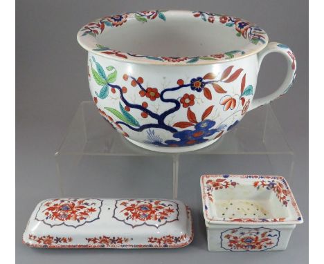 An early nineteenth century blue and white transfer-printed and coloured Spode New Stone chamber pot as pattern 4043, togethe