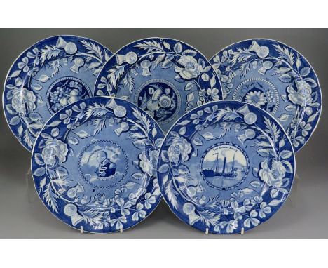 A group of early nineteenth century blue and white transfer-printed Caladonian Commemorative series plates, c. 1820. They are