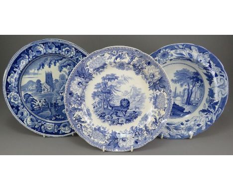 A group of early nineteenth century blue and white transfer-printed plates, c. 1825. To include: a Spode Aesop's Fables, the 