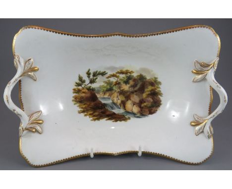 An early nineteenth century Spode porcelain flower-embossed and hand-painted with a a titled scene dessert dish with twig han