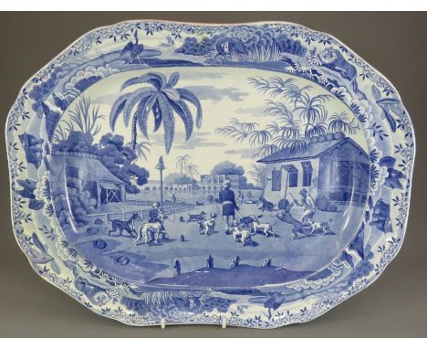 An early nineteenth century blue and white transfer-printed Spode Indian Sporting series large platter, c. 1810. It is marked