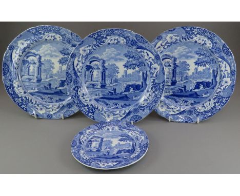 A set of three early nineteenth century blue and white transfer-printed Spode Italian pattern dinner plates and a tea plate, 