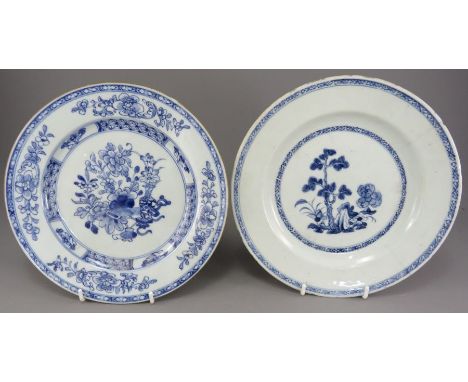 Two mid-eighteenth century hand-painted blue and white Chinese porcelain plates, c. 1750-70. One is decorated with a design o