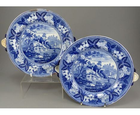 A pair of early nineteenth century blue and white transfer-printed Ridgway British Scenery series, Cottages and Castle patter