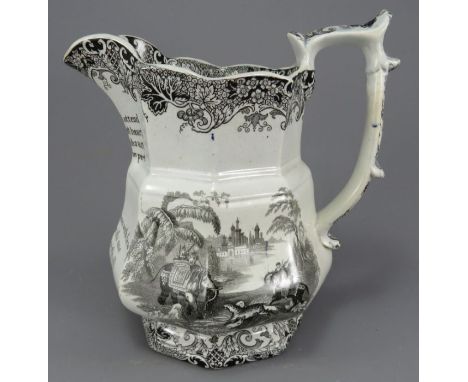 An early to mid-nineteenth century Staffordshire black and white transfer-printed T Walker puzzle jug, c. 1830-50. It is deco