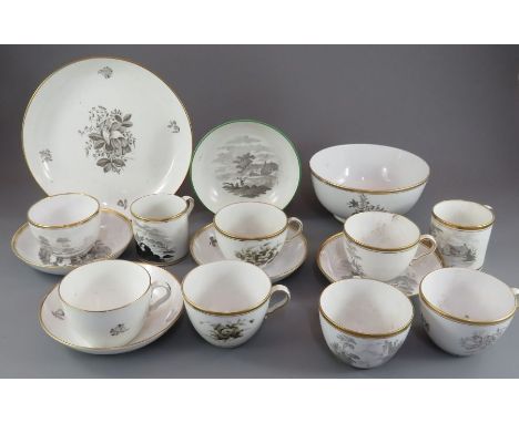 A group of early nineteenth century Spode black bat printed tea wares, c. 1820. To include: two floral cups and saucers and t