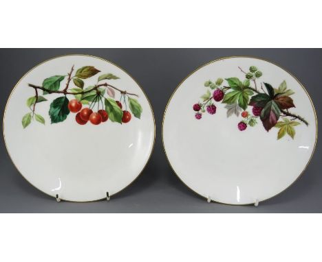 Two late nineteenth century porcelain hand-painted Minton fruit plates, c. 1870-90.  Both are marked to the underside. 24 cm 