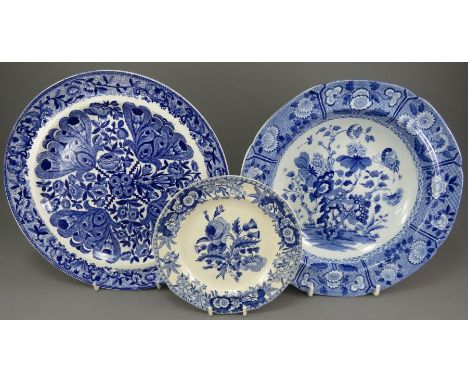 A group of early nineteenth century blue and white transfer-printed Spode wares, c. 1825. To include: a Flower Cross plate, a