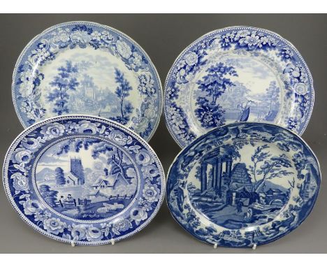 A group early nineteenth century blue and white transfer-printed plates, c. 1815-25. To include: a Lakin Classical Ruins plat