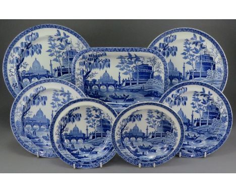 A group of early nineteenth century blue and white transfer-printed Spode Tiber pattern dinner wares, c. 1825. To include: tw