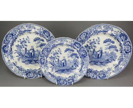 A group of early nineteenth century blue and white transfer-printed Spode Girl at the Well pattern plates, c. 1825. All marke