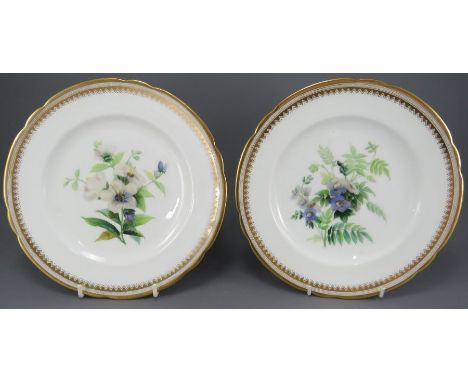 Two mid-nineteenth century porcelain hand-painted floral plates, probably Brown, Westhead and Moore, c. 1865. 23 cm wide. (2)