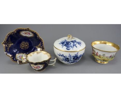 A group of mid to late-nineteenth century Meissen porcelain hand-painted wares, c. 1850-90. To include: a blue-painted sucrie