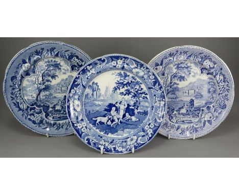 A group of three early nineteenth century blue and white transfer-printed dinner plates, c. 1825. To include: a Davenport Vil