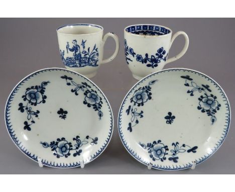 A group of late eighteenth century transfer-printed and hand-painted blue and white tea wares, c. 1770. To include: two Worce