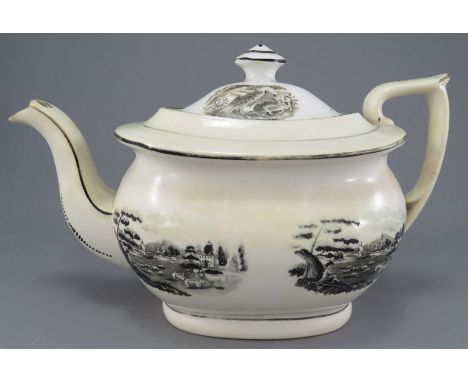 An early nineteenth century bat printed teapot and cover, c. 1815-20. It is decorated with scenes of shepherds in a landscape