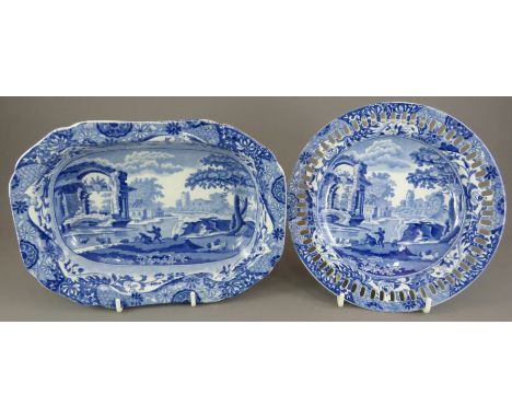 An early nineteenth century blue and white transfer-printed Spode Italian pattern arcaded plate and a pie dish, c. 1825. They