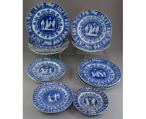 A group of early nineteenth century blue and white transfer-printed Minton Kirk Greek series dinner wares, c. 1810. To includ