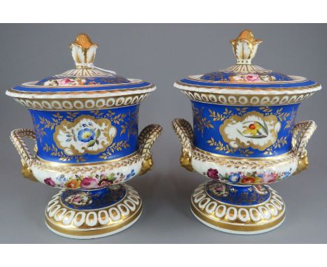 A pair of early nineteenth century Chamberlain Worcester footed and lidded two-handled sauce tureens and covers, c. 1820. Eac