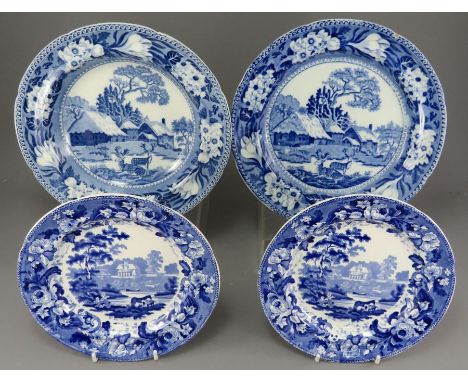 A group of early nineteenth century blue and white transfer-printed plates, c. 1825. To include: a Rogers Fallow Deer pattern