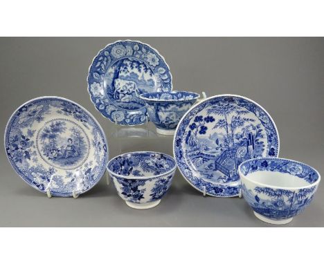 A group of early nineteenth century blue and white transfer-printed cups and saucers, c. 1825. To include: a Wedgwood Blue Ba