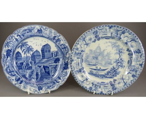 An early nineteenth century blue and white transfer-printed Spode Caramanian series dinner plate, together with an Oriental S