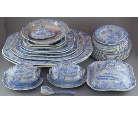 A comprehensive early nineteenth century blue and white transfer-printed Spode Castle pattern dinner service, c. 1825. To inc