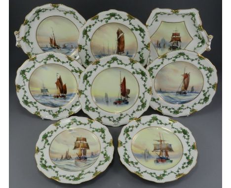 An early twentieth century Royal Crown Derby porcelain part dessert service, possibly W E J Dean, c. 1904. Comprising of: six
