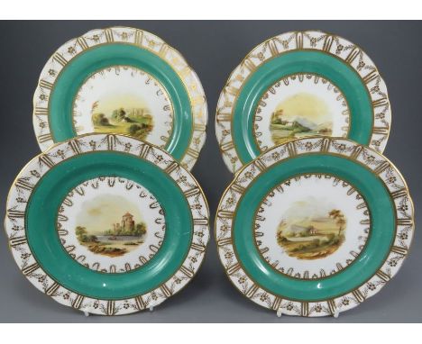 A set of four mid-nineteenth century porcelain hand-painted Ridgway plates, c. 1830-50.  Each is decorated with a scenic view
