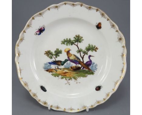 A mid-nineteenth century Meissen porcelain hand-painted plate, c. 1850-70. It depicts a pheasant with two other birds and ins