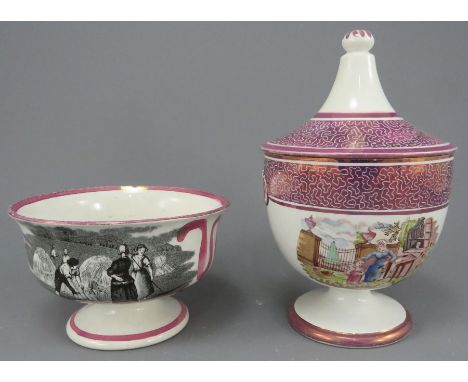 An early nineteenth century pearlware transfer-printed pink lustre lidded sugar with ring handles and a footed bowl, c. 1820.