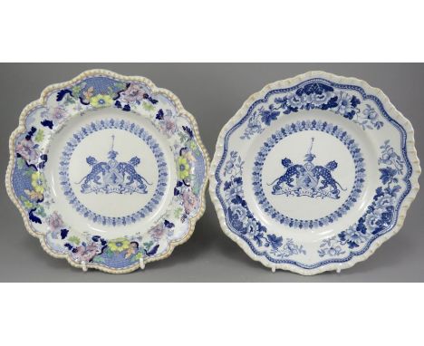 Two early nineteenth century blue and white transfer-printed Hicks and Meigh Salters Arms iron stone plates, c. 1825. They ar