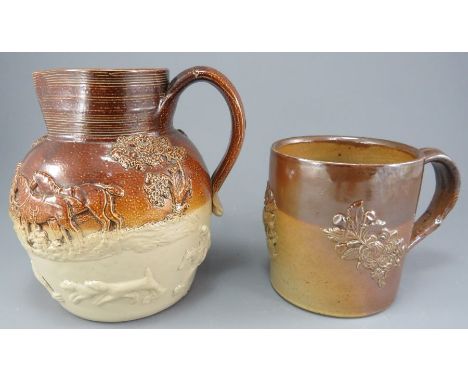 Two nineteenth century London salt-glazed stoneware sprig moulded pieces, c. 1840. To include a mug with floral sprigs and a 