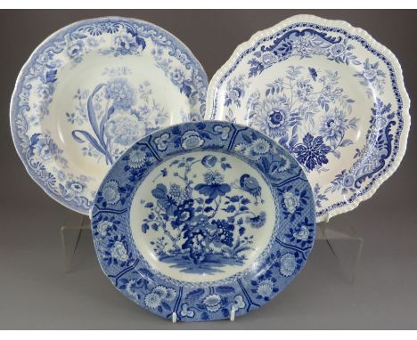 A group of early nineteenth century blue and white transfer-printed Spode floral soup dishes, c. 1825. To include: India, Jas