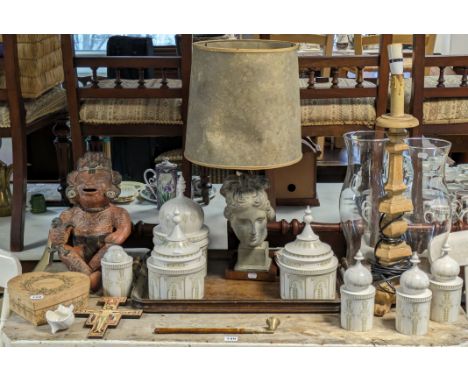 A composition bust/table lamp with shade; an oak rectangular two-handled tea tray; an ethnic-style pottery figure; &amp; sund