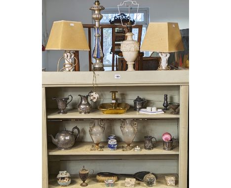 Four table lamps; a brass chamber candlestick; a silver-plated oval two-handled tea tray; &amp; sundry other items. 