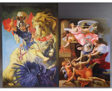 A large modern oil painting on canvas after Rubens – St. George And The Dragon, 161cm x 108cm; &amp; another – Saturn conquer