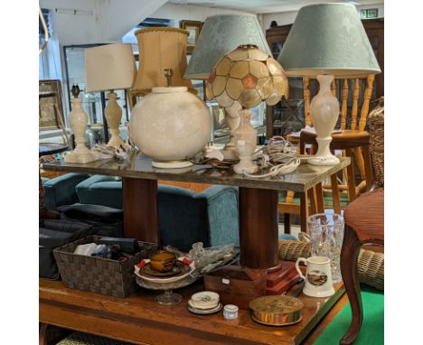 A 19th century rosewood small two-division tea caddy, 18.5cm wide; a 400-day mantel clock; six table lamps; &amp; sundry othe