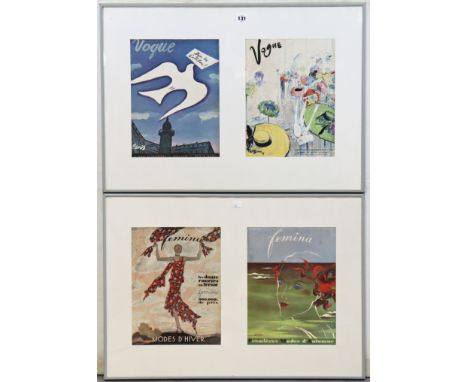 Four vintage coloured lithograph “Vogue” magazine front covers, displayed in a pair of glazed frames. 