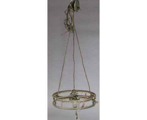 A mid-20th century steel circular rise &amp; fall ceiling light fitting, 42cm diameter. 