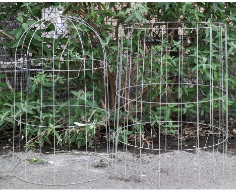 A light grey finish wrought-metal tall garden obelisk with a domed top (in two sections, 72cm diameter x 230 cm high). 