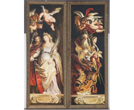 A modern pair of large oil paintings on canvas after Peter Paul Rubens “Raising of the cross Sts. Eligius &amp; Catherine”; &