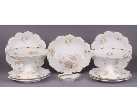 A Springer &amp; Co. (Elbogen) porcelain dessert service with printed &amp; enamel-painted floral decoration, comprising four