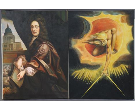 A modern large oil painting on canvas – portrait of Christopher Wren; &amp; another large oil painting on canvas after Willia