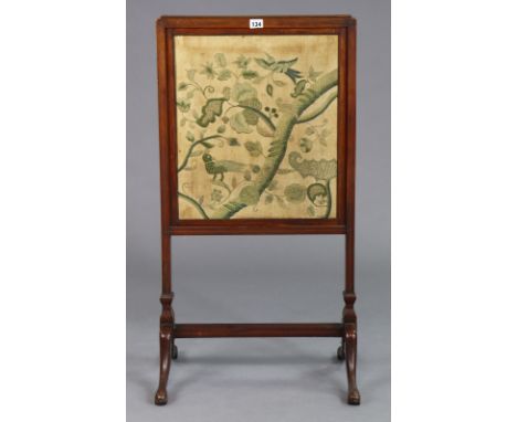A 19th century inlaid-beech fire screen with an embroidered double-sided rise-&amp;-fall panel, &amp; on four cabriole legs, 